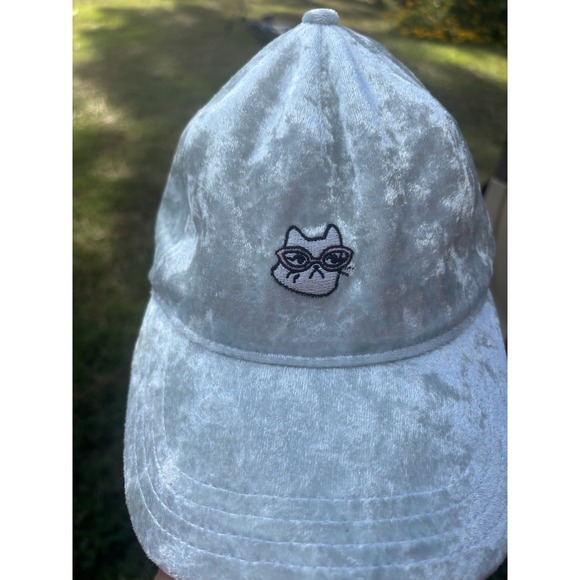 The Unbranded Brand Accessories - Women's Mint Green Velvet Hat With A Cat Wearing Pink Glasses Adjustable Clean